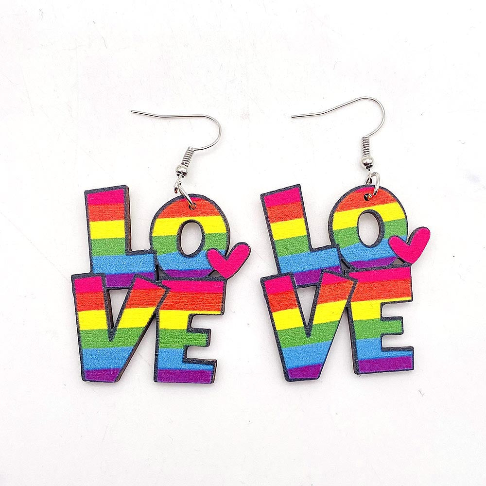 Wholesale Valentine's Day Rainbow LOVE LGBT Wooden Earrings